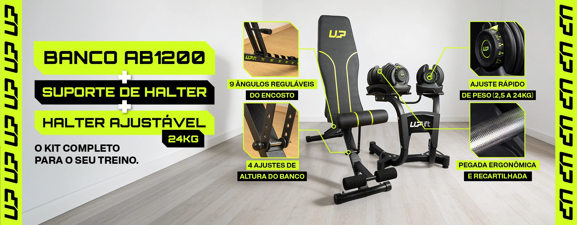Kit Banco AB1200 + Par Halteres Ajustaveis até 24kg Com Suporte